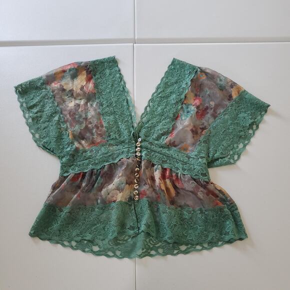 Y2K Fairy Grunge Whimsy Sheer Lace Dark Floral Top Women Small Green Mesh Button - Picture 1 of 7